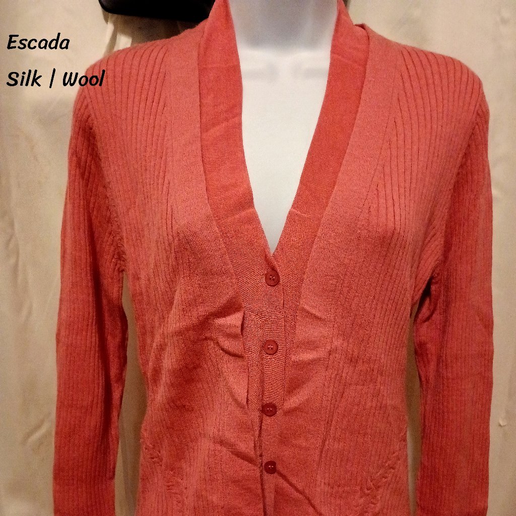 Escada Red Orange Silk Wool Sweater Cardigan